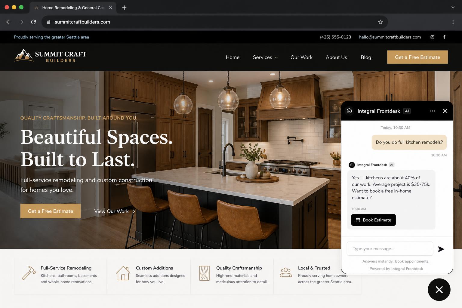 Integral Frontdesk AI chatbot on a Remodelers & Contractors website