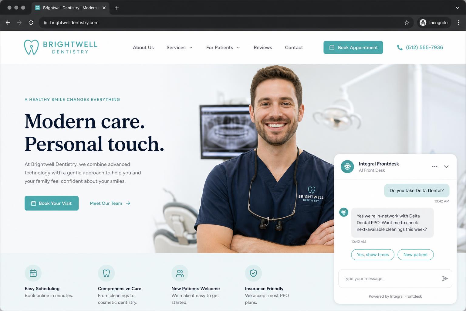 Integral Frontdesk AI chatbot on a Dental Practices website