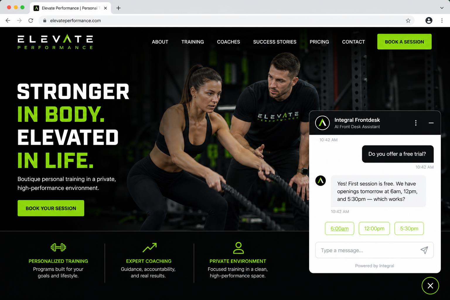 Integral Frontdesk AI chatbot on a Gyms & Personal Training website