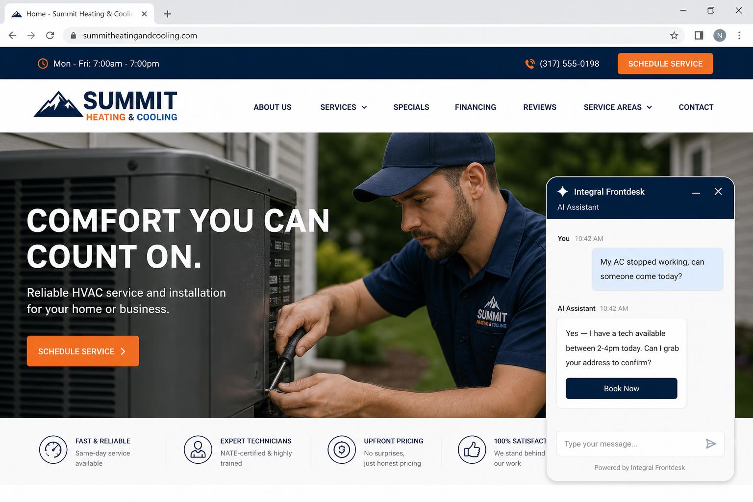 Integral Frontdesk AI chatbot on a HVAC & Home Services website