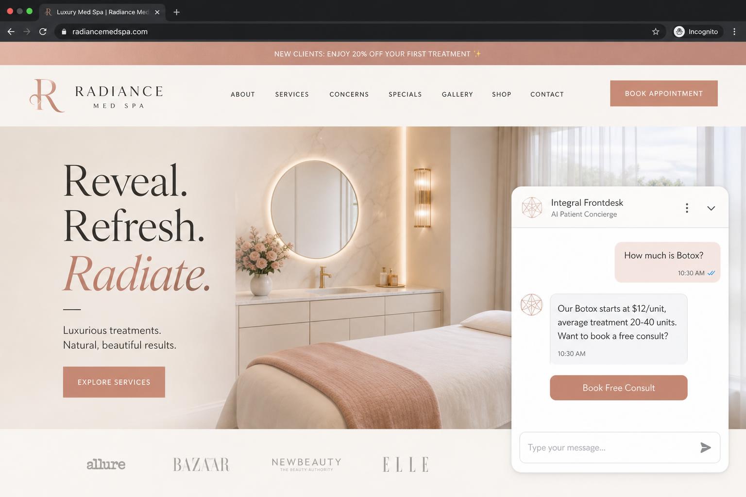 Integral Frontdesk AI chatbot on a Med Spas & Aesthetics website