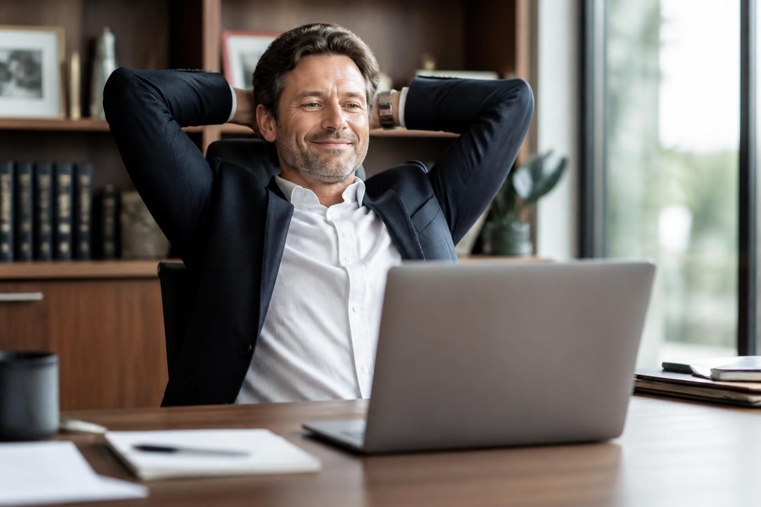 Managing partner at his desk, calm because his front desk is finally running itself